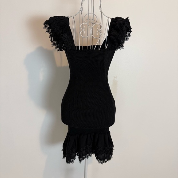 Peixoto Belle Mini Dress smocked ruffled square neck black rayon SZ S bodycon - Picture 3 of 9